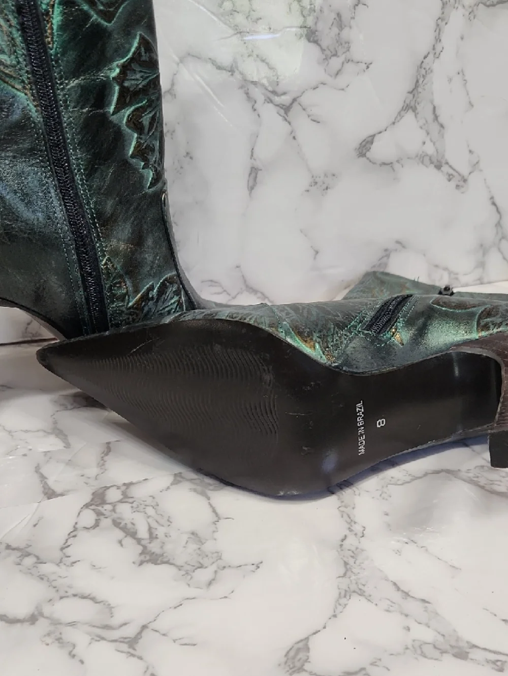 Leaf-Embossed Pointed-Toe Ankle Boots in Teal Green - Picture 5 of 7